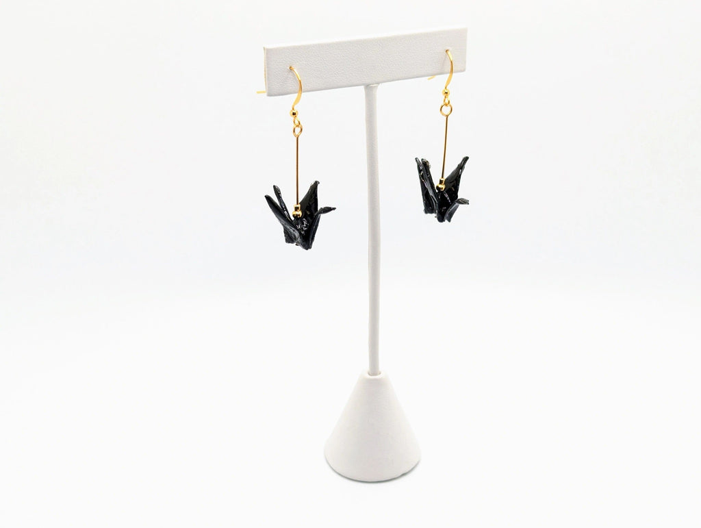 Black Origami Crane Earrings - Gold Wires