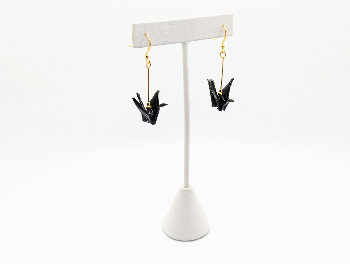 Black Origami Crane Earrings - Gold Wires