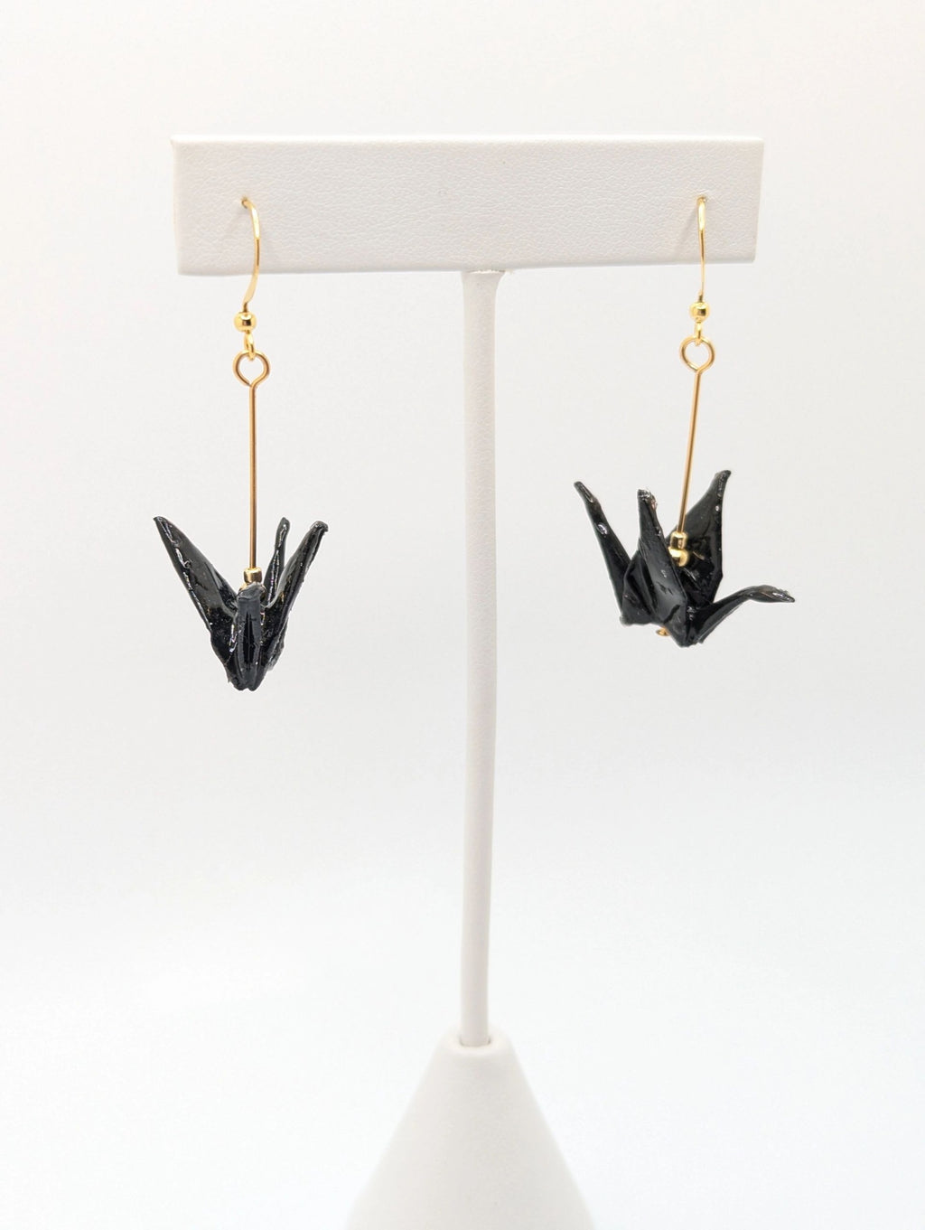 Black Origami Crane Earrings - Gold Wires