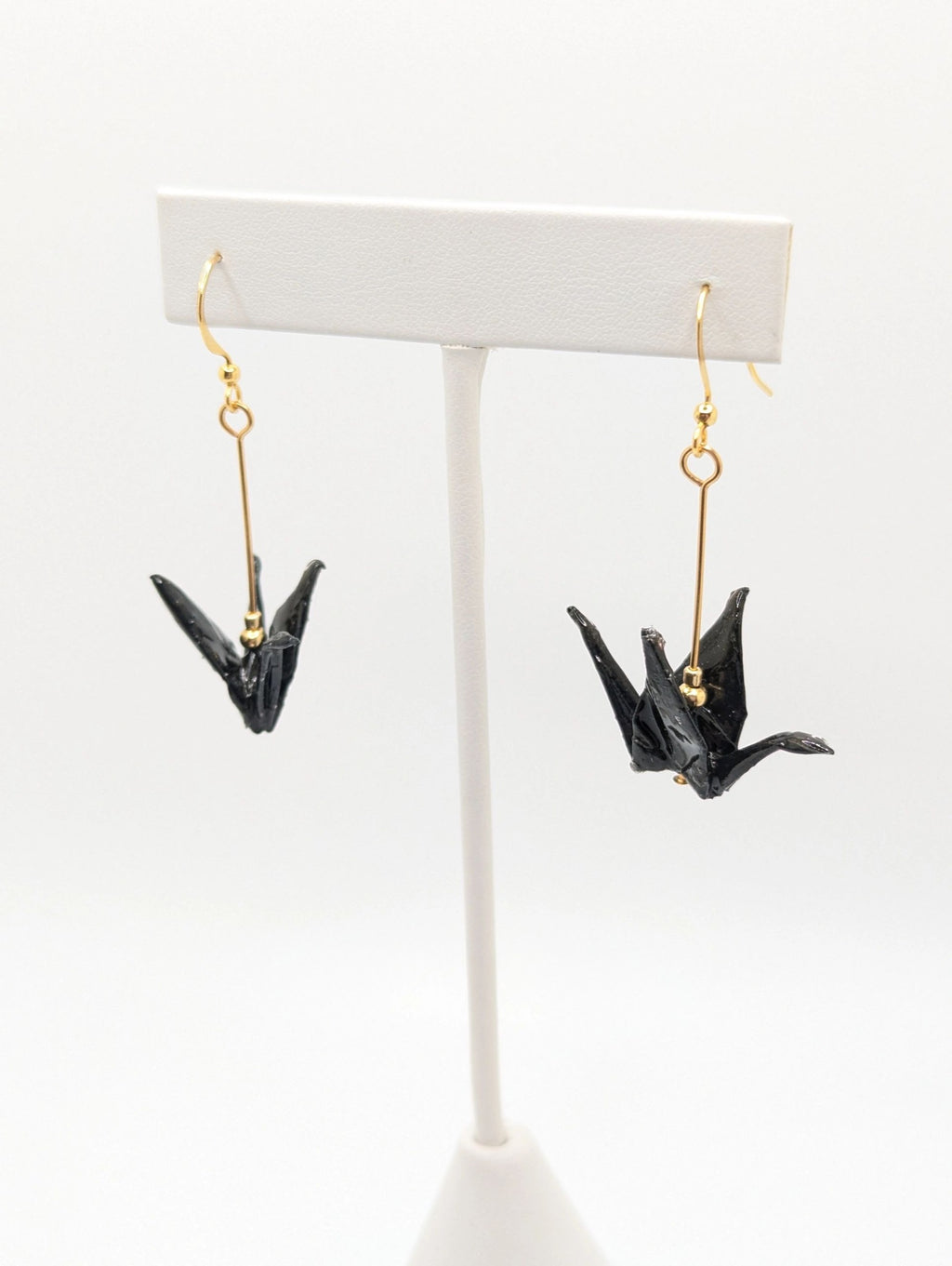 Black Origami Crane Earrings - Gold Wires