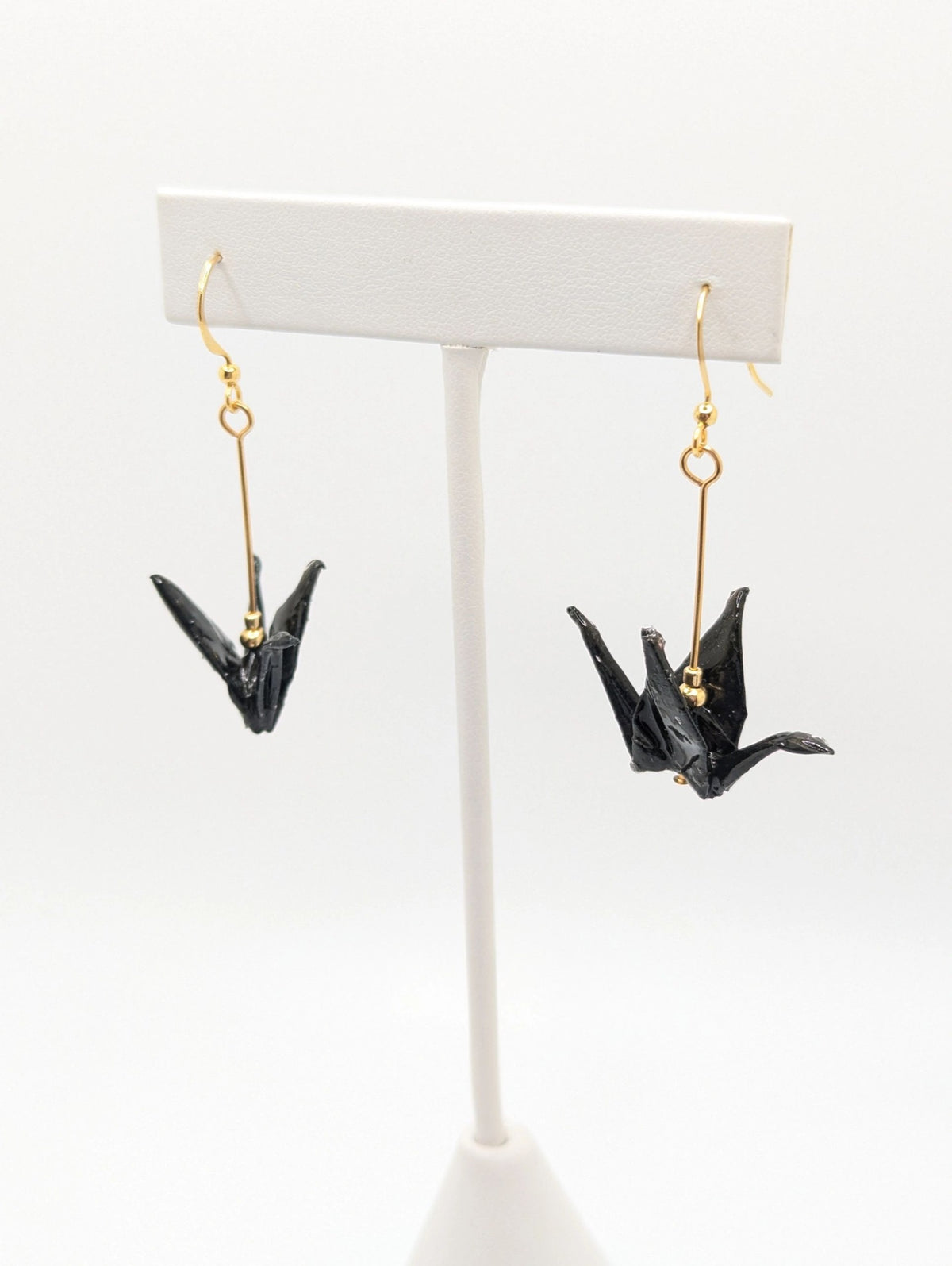 Black Origami Crane Earrings - Gold Wires