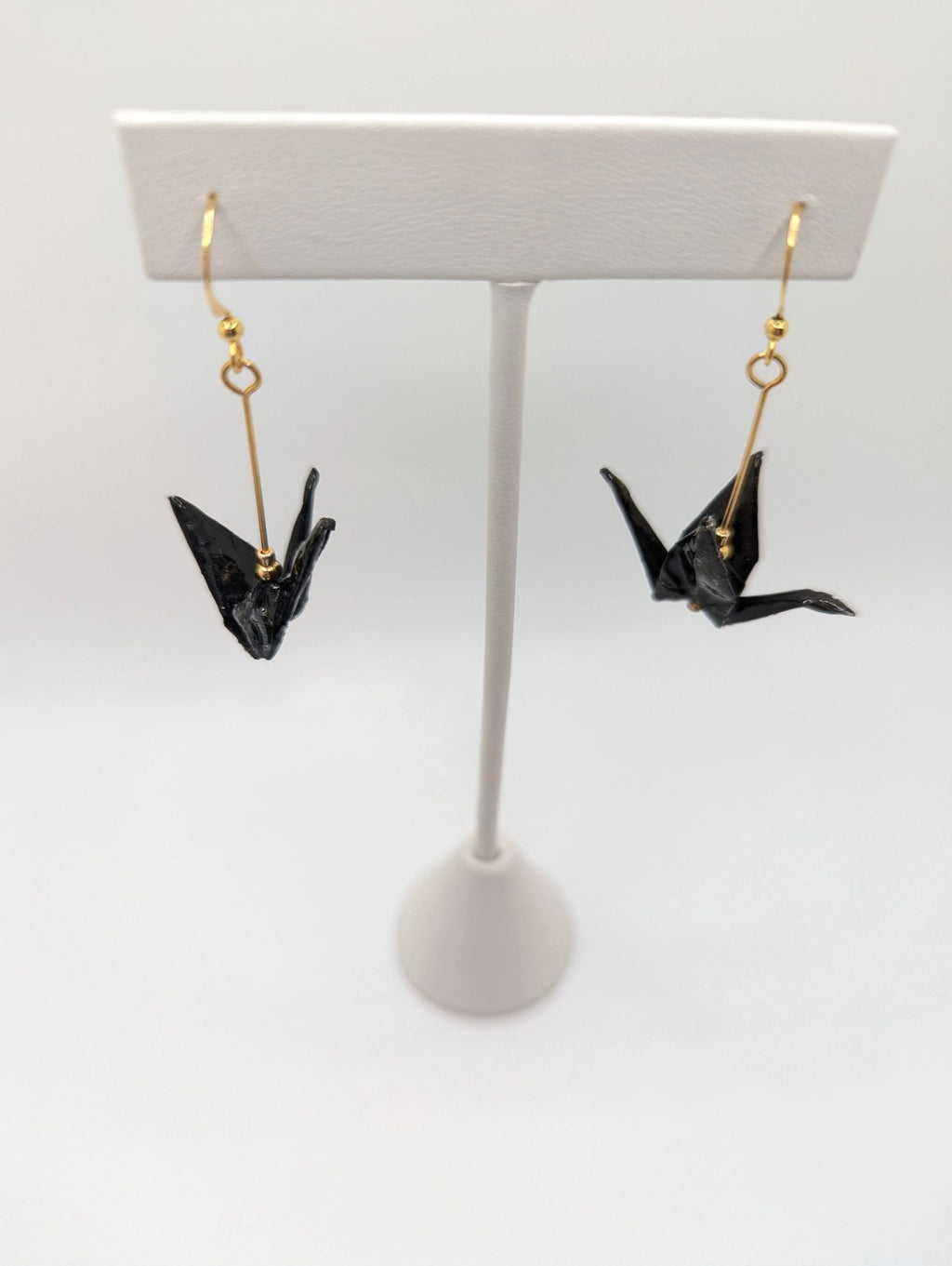Black Origami Crane Earrings - Gold Wires