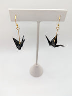 Black Origami Crane Earrings - Gold Wires