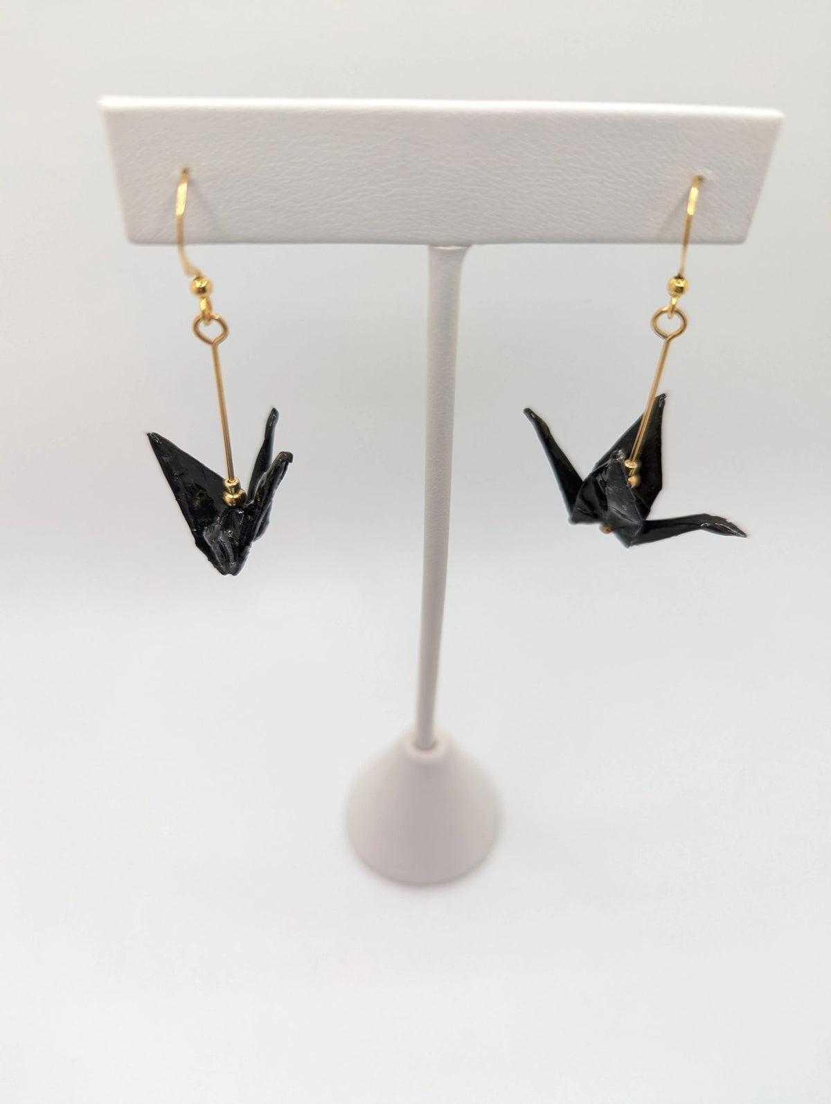 Black Origami Crane Earrings - Gold Wires