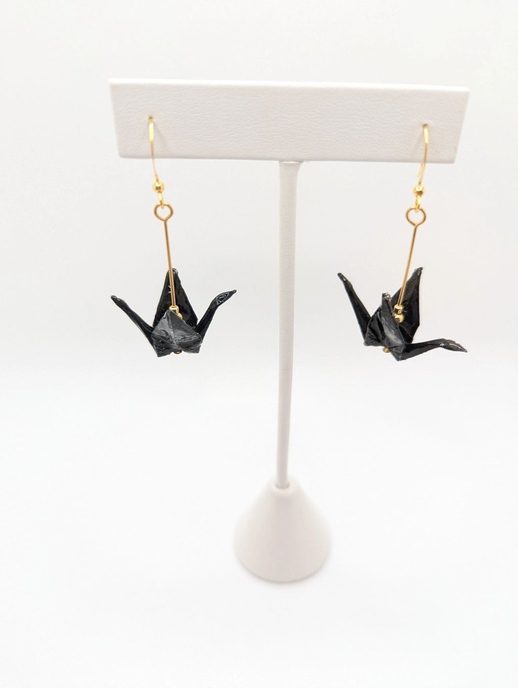 Black Origami Crane Earrings - Gold Wires