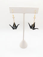 Black Origami Crane Earrings - Gold Wires