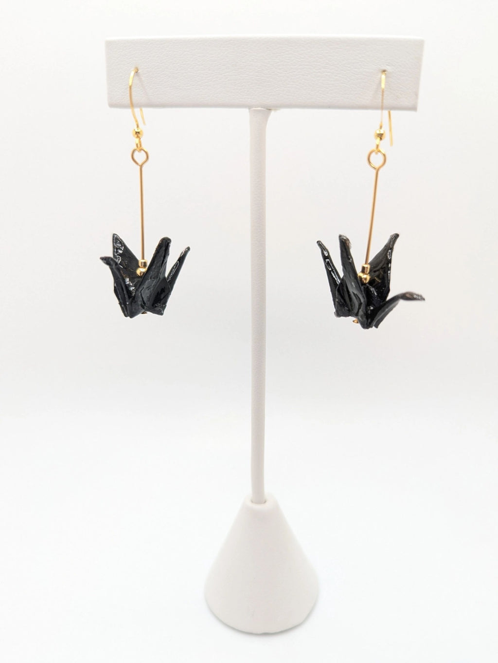 Black Origami Crane Earrings - Gold Wires