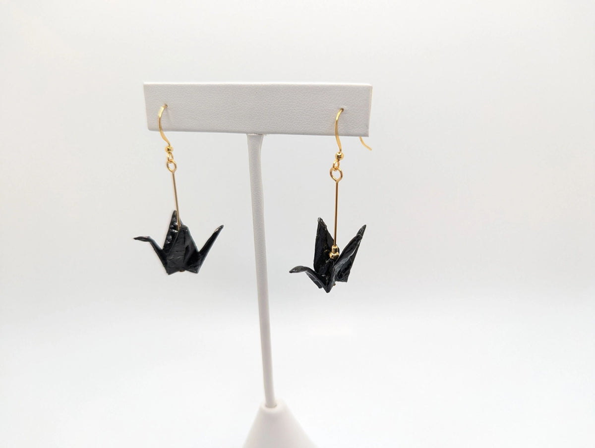 Black Origami Crane Earrings - Gold Wires