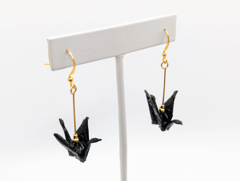 Black Origami Crane Earrings - Gold Wires