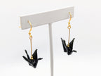 Black Origami Crane Earrings - Gold Wires