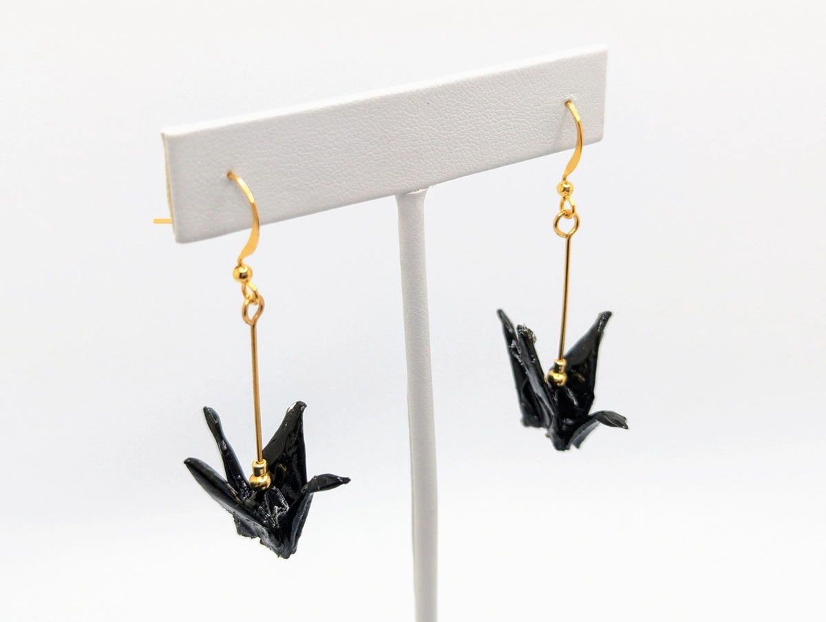 Black Origami Crane Earrings - Gold Wires