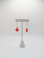 Bright Red Origami Crane Earrings - Gold Wires