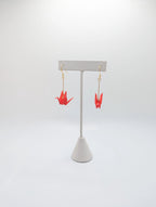 Bright Red Origami Crane Earrings - Gold Wires