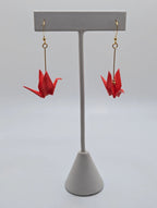 Bright Red Origami Crane Earrings - Gold Wires