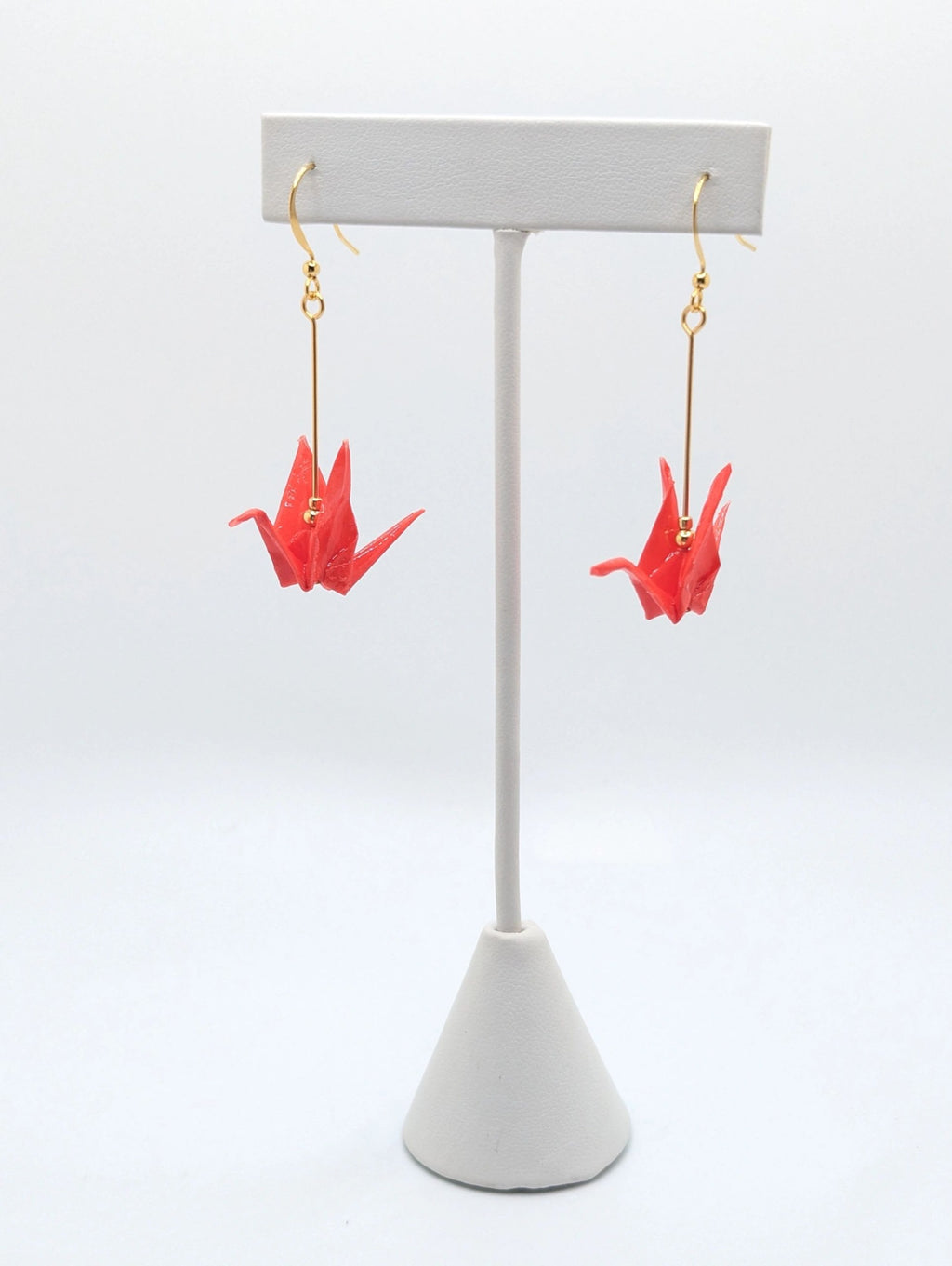 Bright Red Origami Crane Earrings - Gold Wires