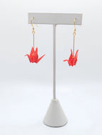 Bright Red Origami Crane Earrings - Gold Wires
