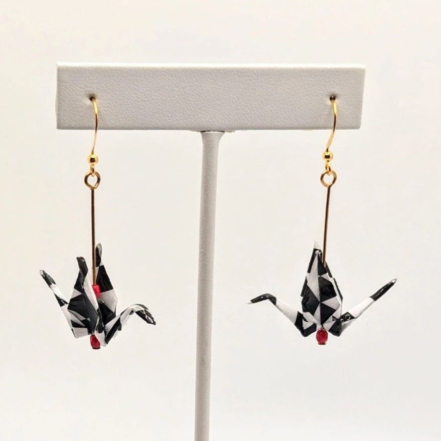 Harlequin Pattern Chiyogami Origami Crane Earrings - Gold Wires, close-up of the pair