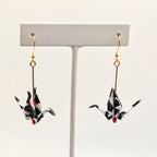 Harlequin Pattern Chiyogami Origami Crane Earrings - Gold Wires, close-up of the pair