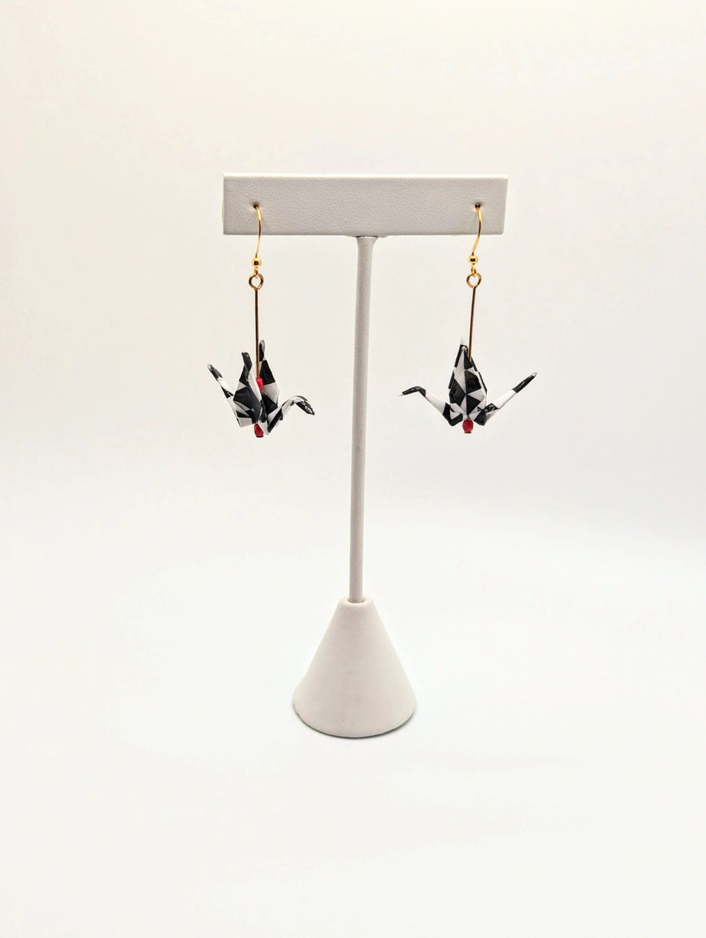 Harlequin Pattern Chiyogami Origami Crane Earrings - Gold Wires