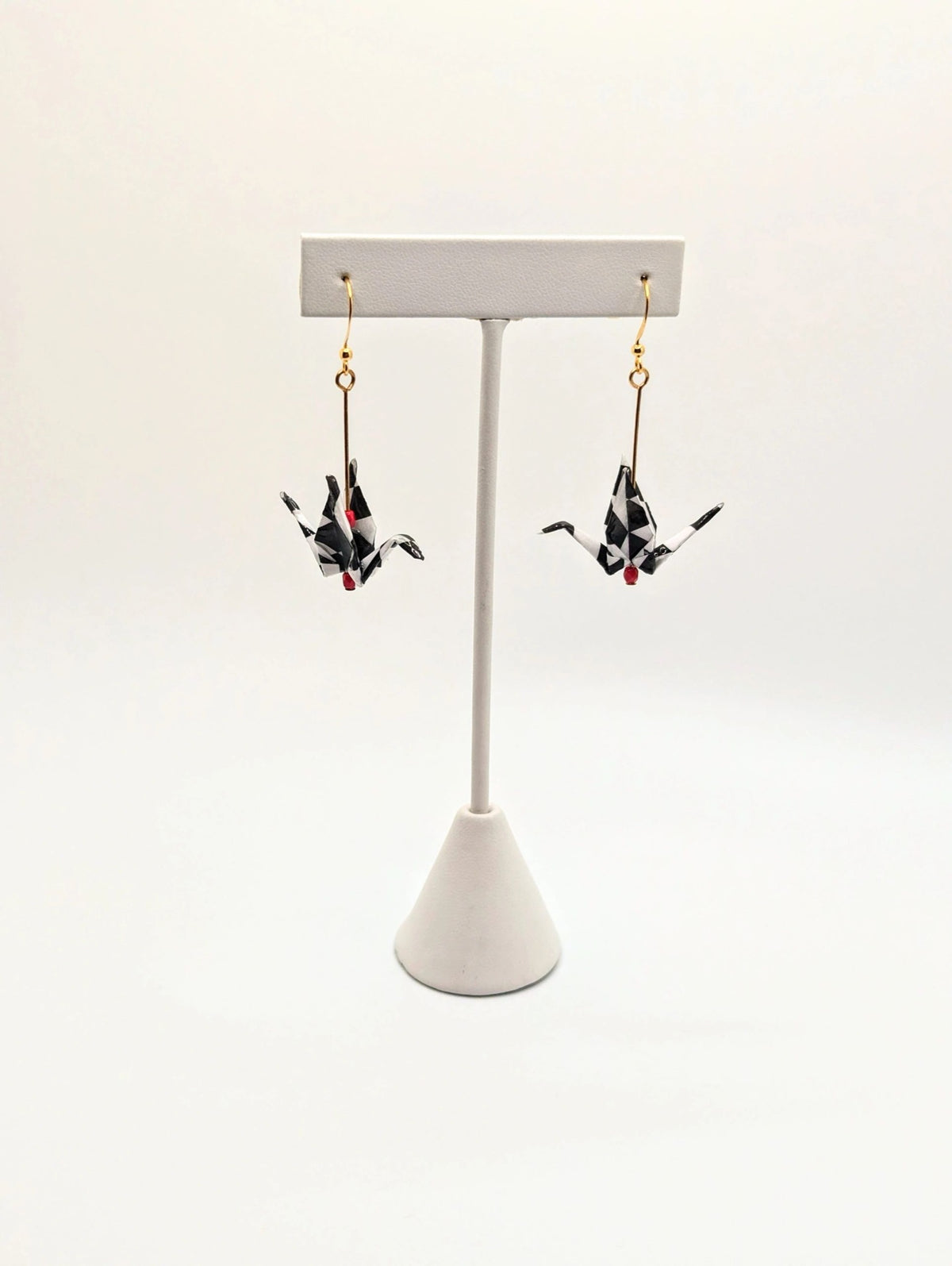 Harlequin Pattern Chiyogami Origami Crane Earrings - Gold Wires