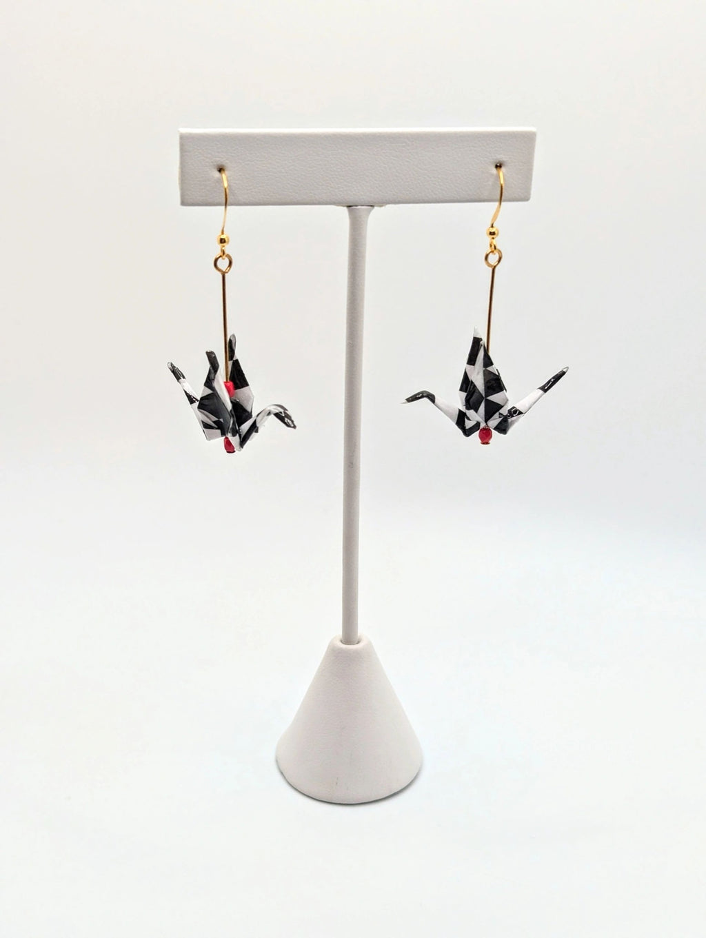 Harlequin Pattern Chiyogami Origami Crane Earrings - Gold Wires