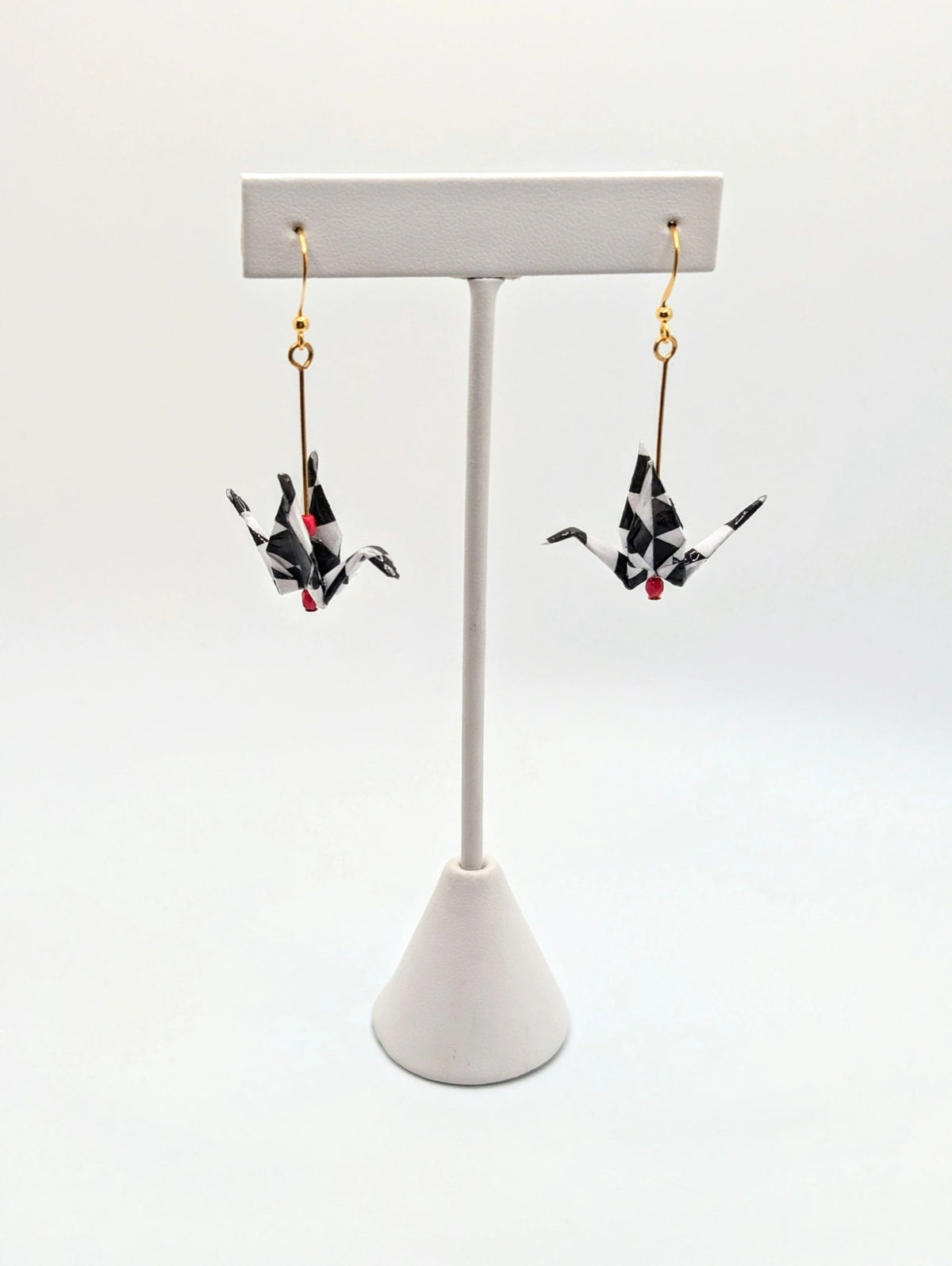 Harlequin Pattern Chiyogami Origami Crane Earrings - Gold Wires