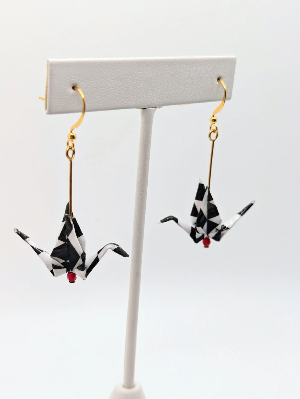 Harlequin Pattern Chiyogami Origami Crane Earrings - Gold Wires