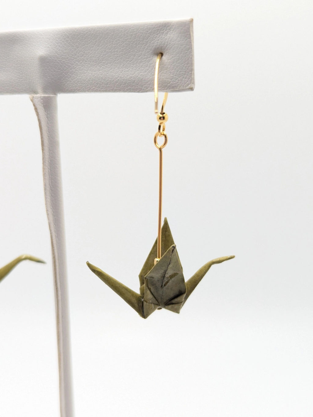 Olive Origami Crane Earrings - Gold Wires