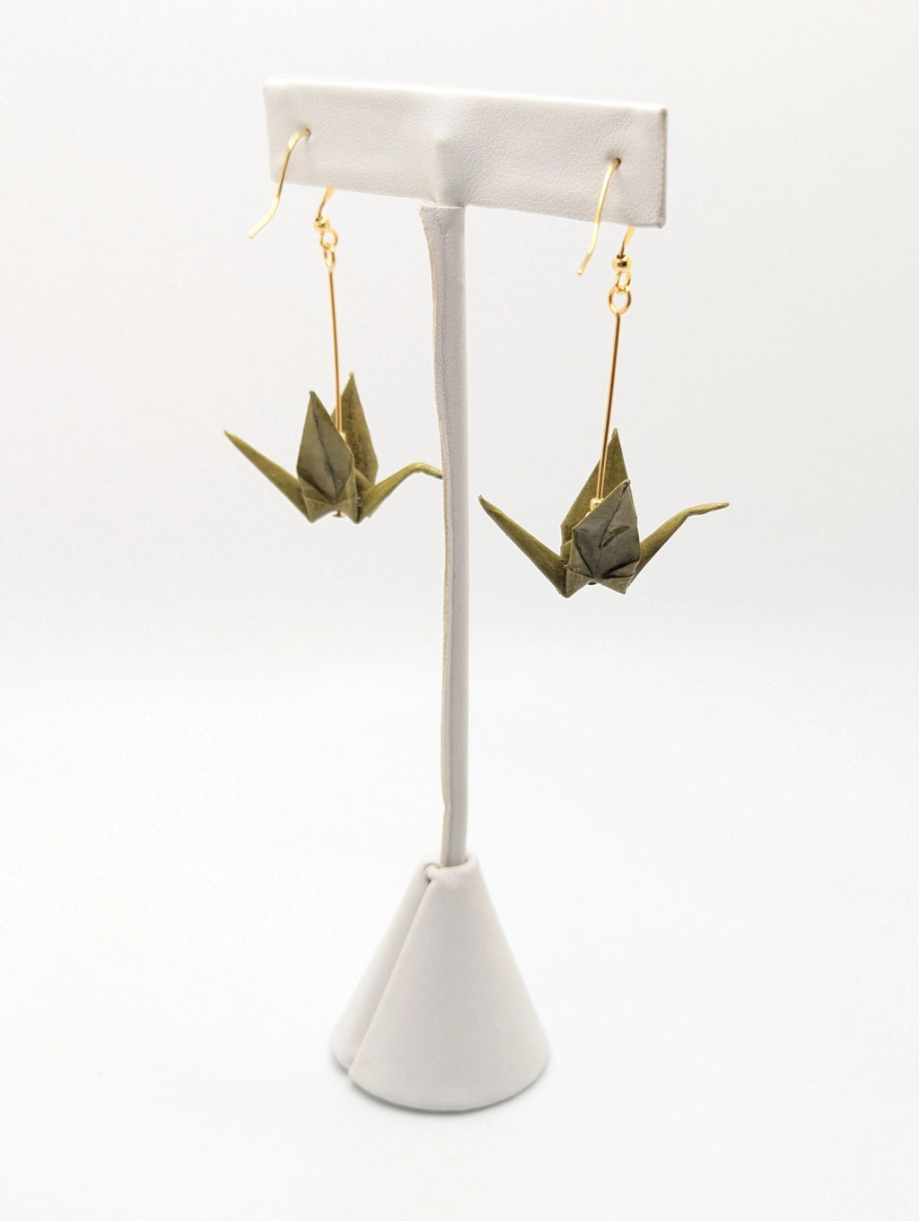 Olive Origami Crane Earrings - Gold Wires