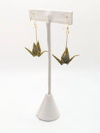 Olive Origami Crane Earrings - Gold Wires