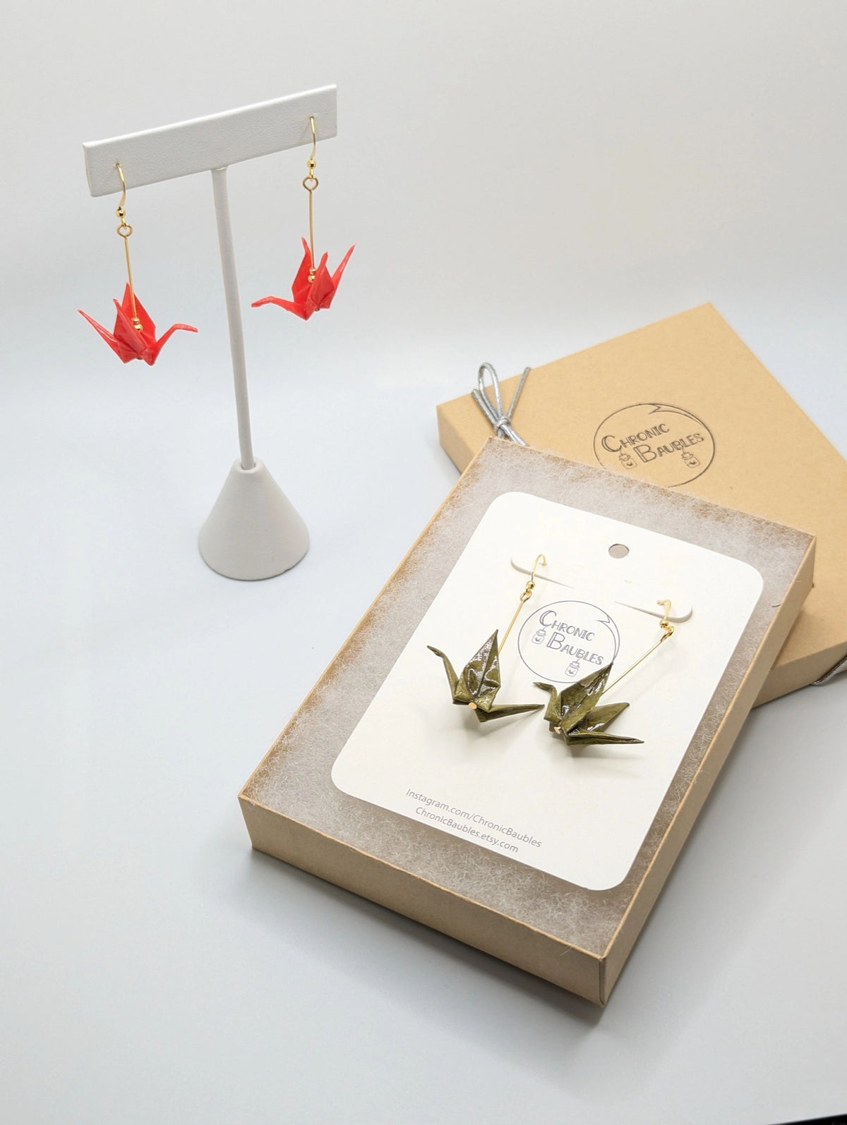 Olive Origami Crane Earrings - Gold Wires