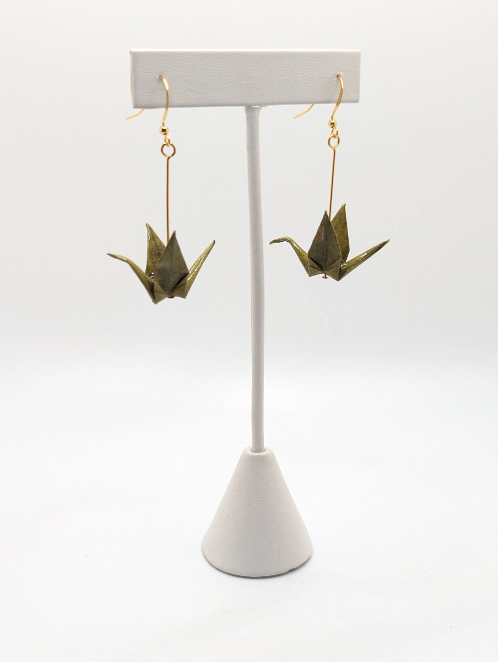 Olive Origami Crane Earrings - Gold Wires