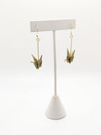 Olive Origami Crane Earrings - Gold Wires