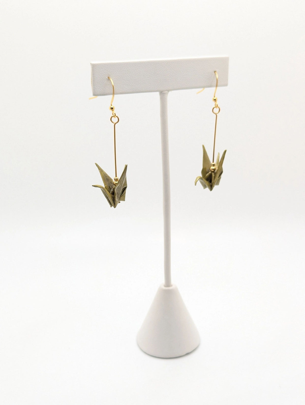 Olive Origami Crane Earrings - Gold Wires