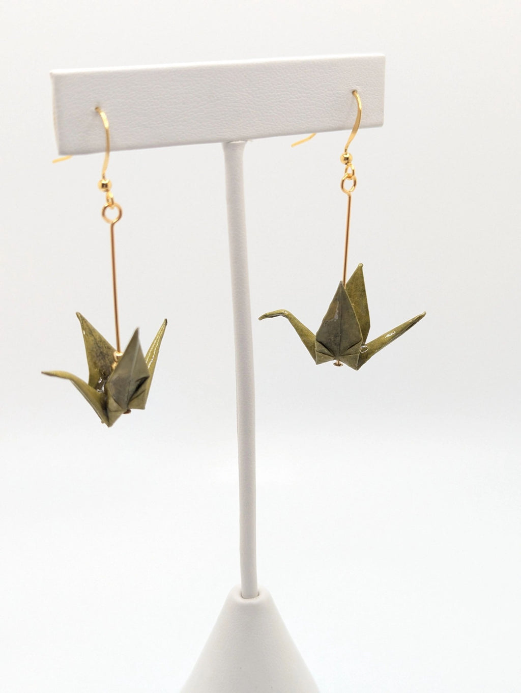 Olive Origami Crane Earrings - Gold Wires