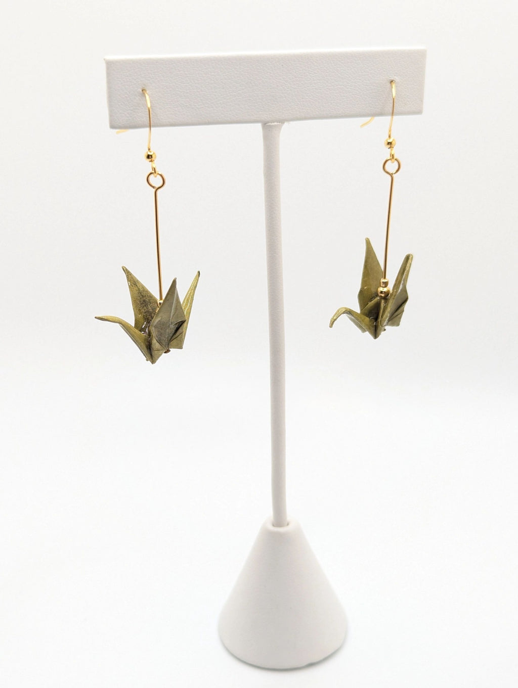 Olive Origami Crane Earrings - Gold Wires