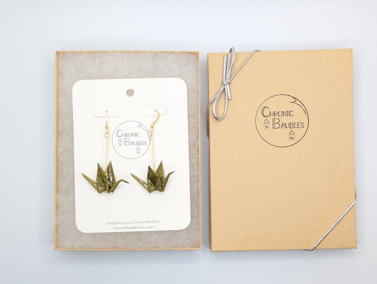 Olive Origami Crane Earrings - Gold Wires