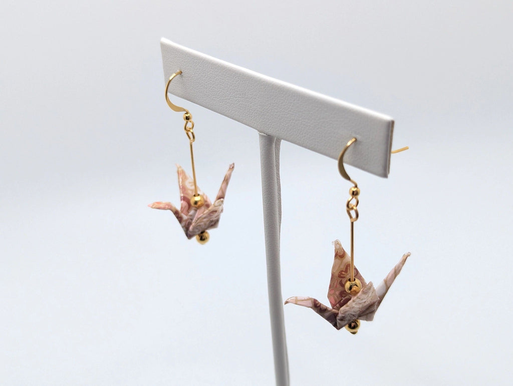 Pink Chiyogami Origami Crane Earrings - Gold Wires