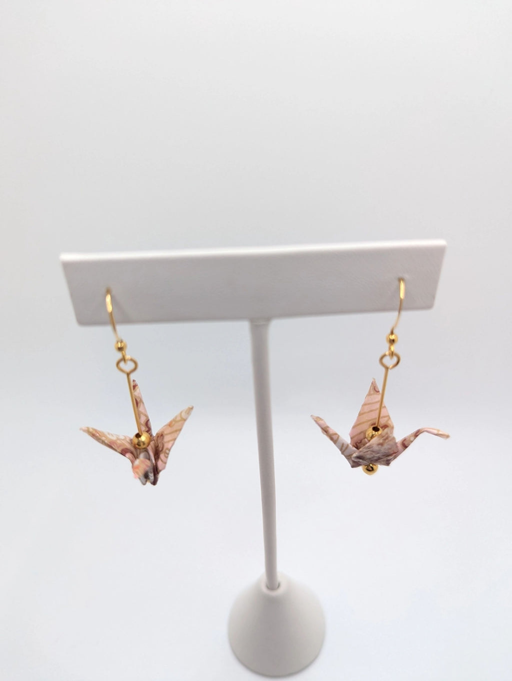 Pink Chiyogami Origami Crane Earrings - Gold Wires