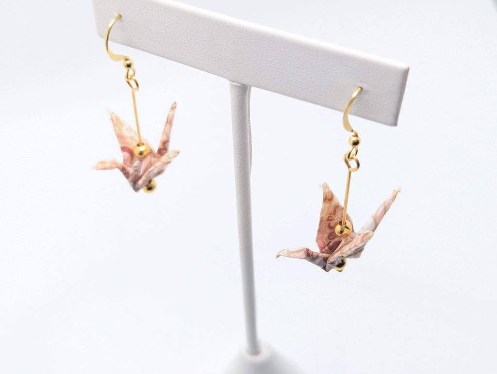 Pink Chiyogami Origami Crane Earrings - Gold Wires