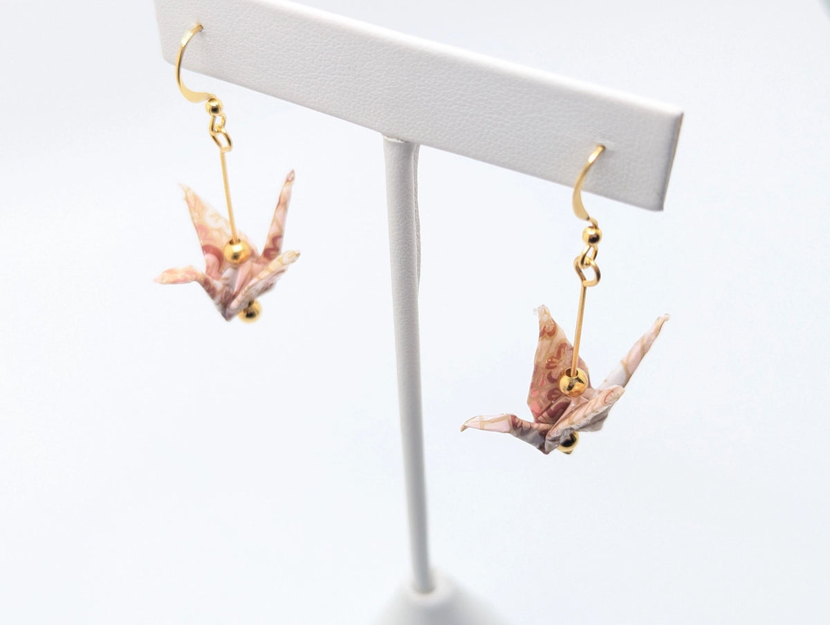 Pink Chiyogami Origami Crane Earrings - Gold Wires