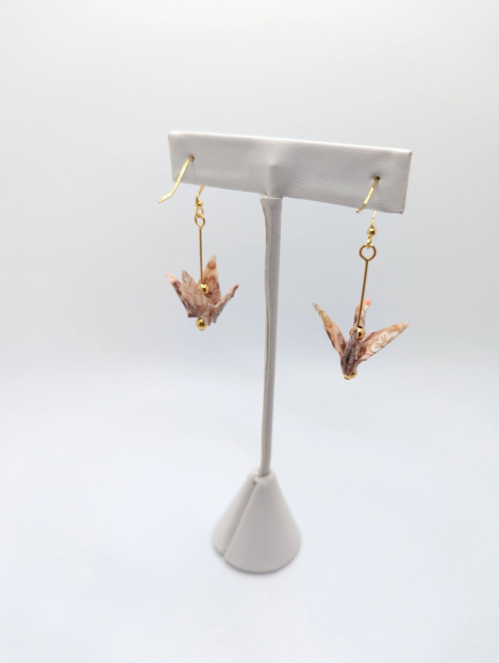 Pink Chiyogami Origami Crane Earrings - Gold Wires