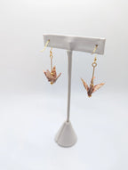 Pink Chiyogami Origami Crane Earrings - Gold Wires