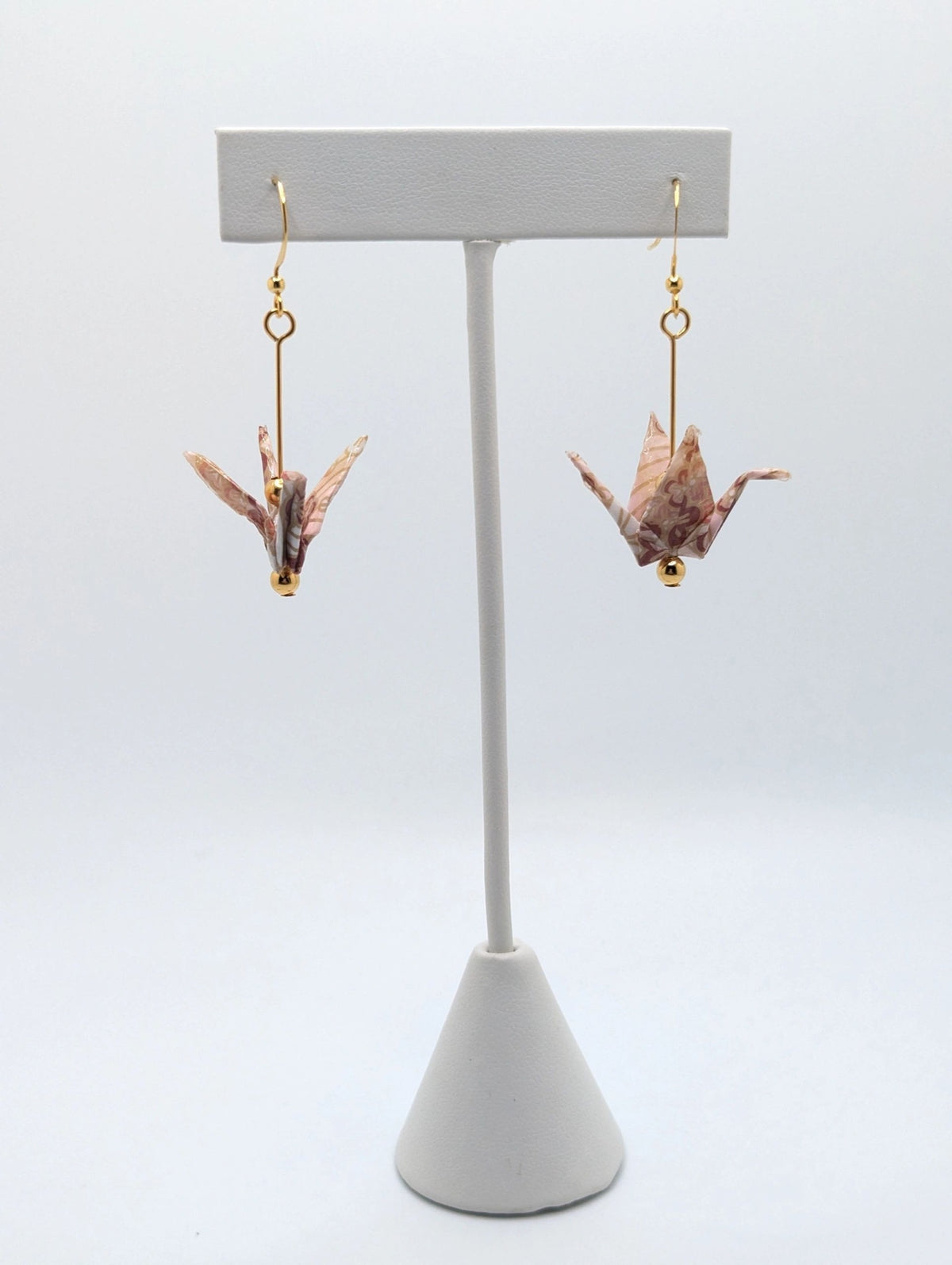 Pink Chiyogami Origami Crane Earrings - Gold Wires