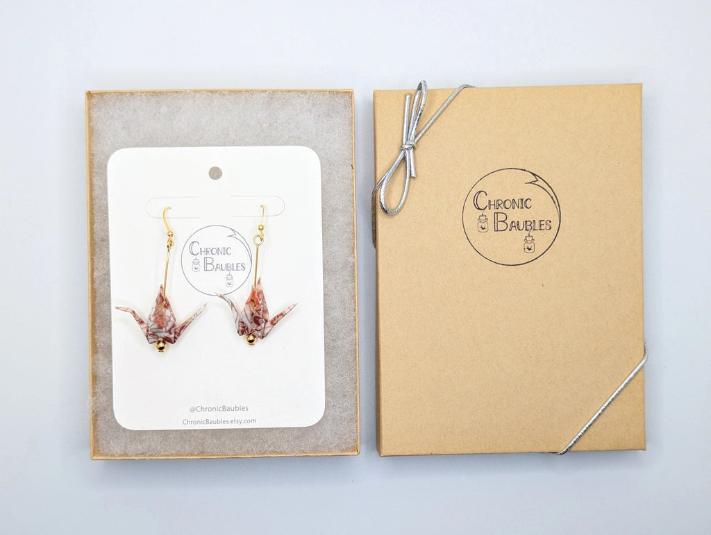 Pink Chiyogami Origami Crane Earrings - Gold Wires