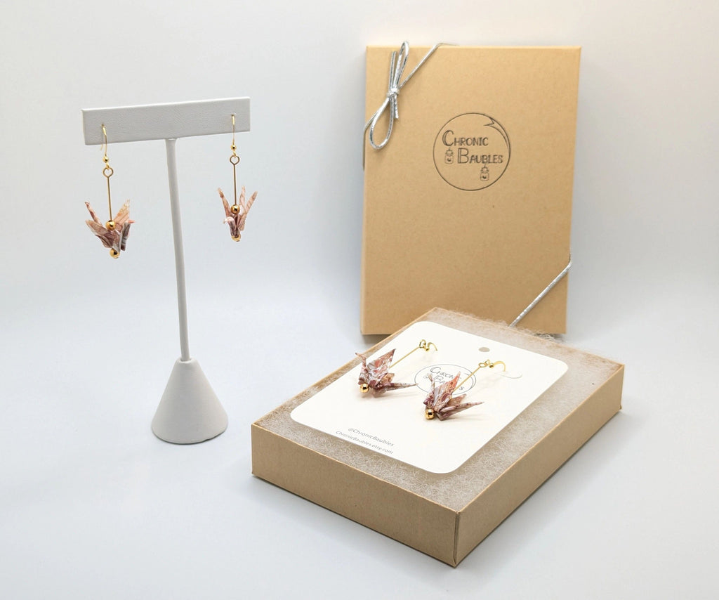 Pink Chiyogami Origami Crane Earrings - Gold Wires