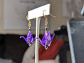 Deep Purple Origami Crane Earrings, Amethyst and Blue Goldstone - Gold Wires - Small