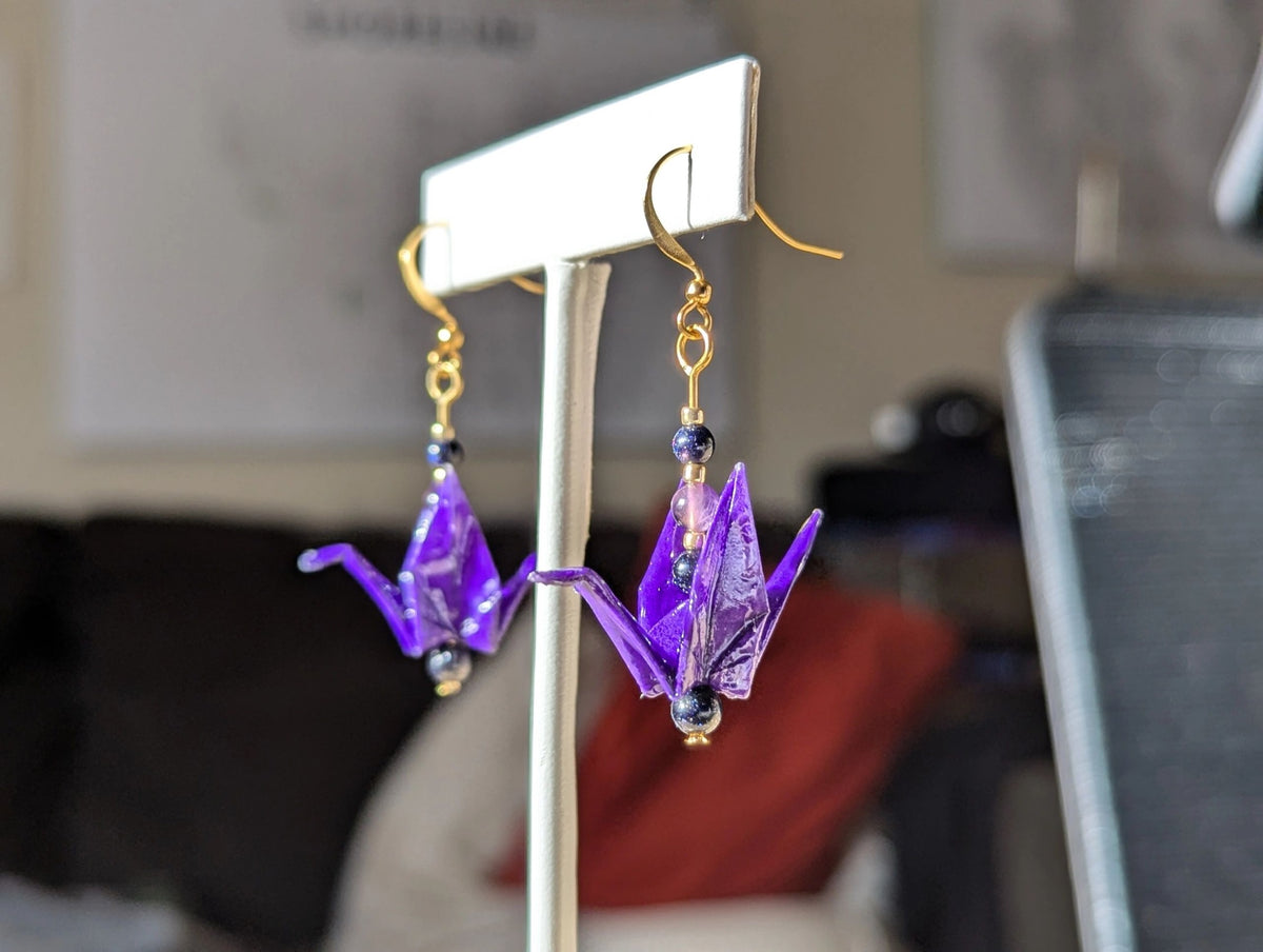 Deep Purple Origami Crane Earrings, Amethyst and Blue Goldstone - Gold Wires - Small