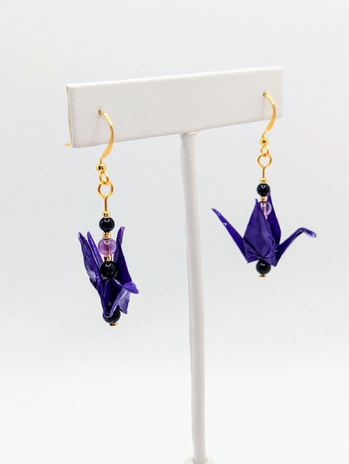 Deep Purple Origami Crane Earrings, Amethyst and Blue Goldstone - Gold Wires - Small