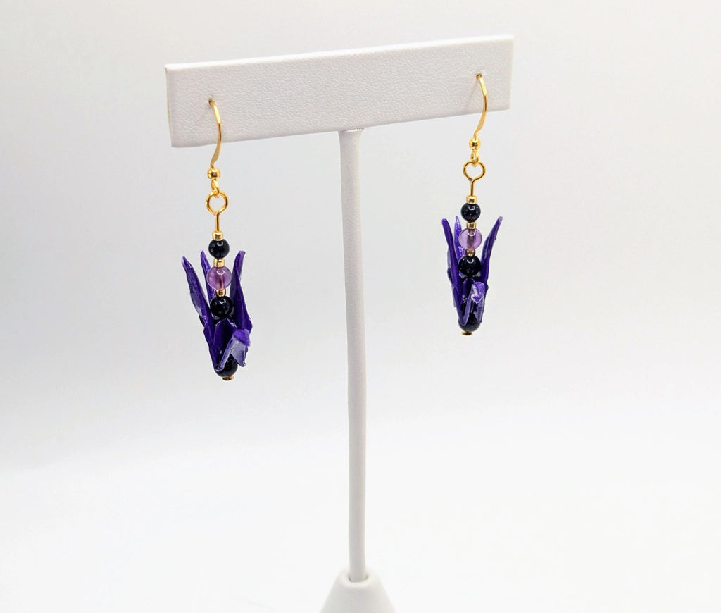 Deep Purple Origami Crane Earrings, Amethyst and Blue Goldstone - Gold Wires - Small